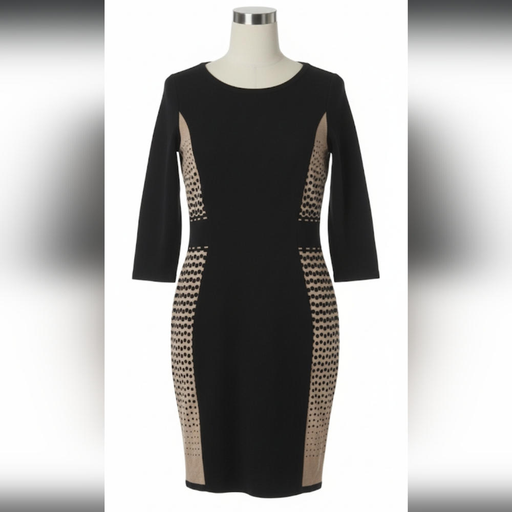 Elegant Black Tan Dress Nine West Large L Knit Sweater Dress 3/4" LIKE NEW